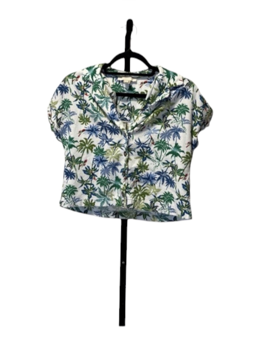 Monteau White Palm-Print Button Front Crop Top with Green & Blue Motif